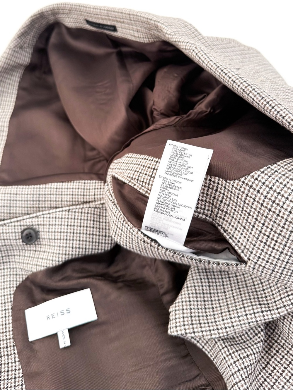 NEW Reiss Men's Plaid Cotton - Wool Houndstooth Blazer Beige Brown 38R Jacket - Picture 16 of 16